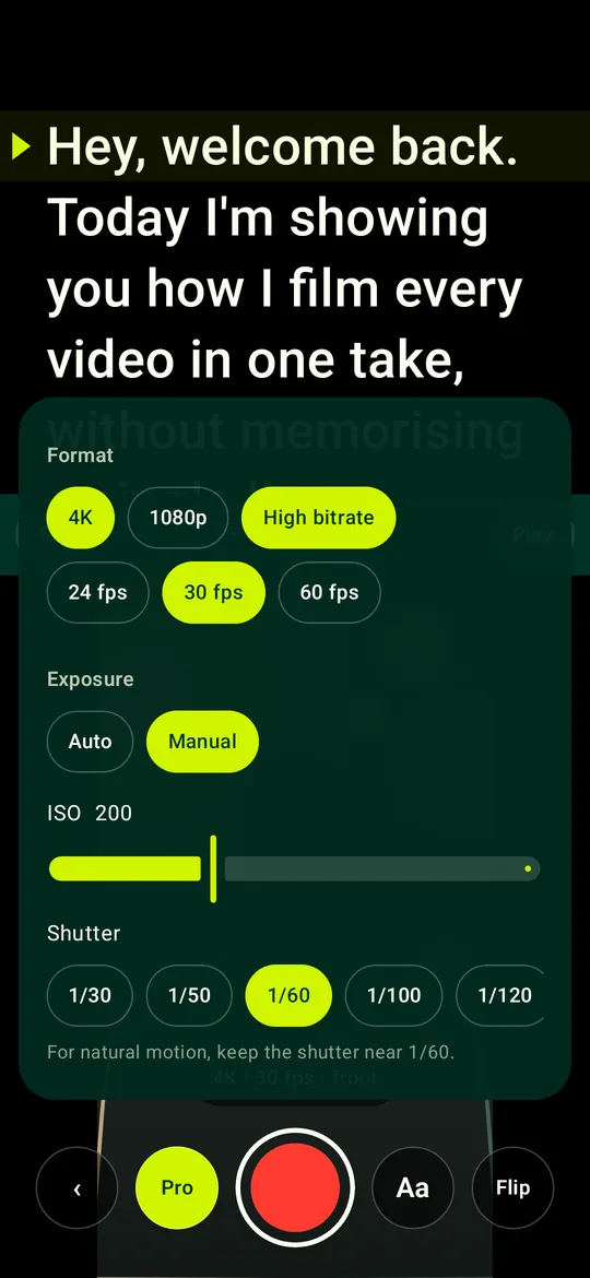 Cue's pro camera controls: format, frame rate, ISO and shutter