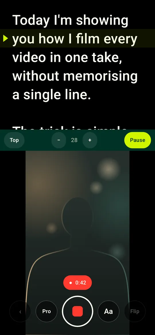 Cue recording, with the script scrolling just under the front camera